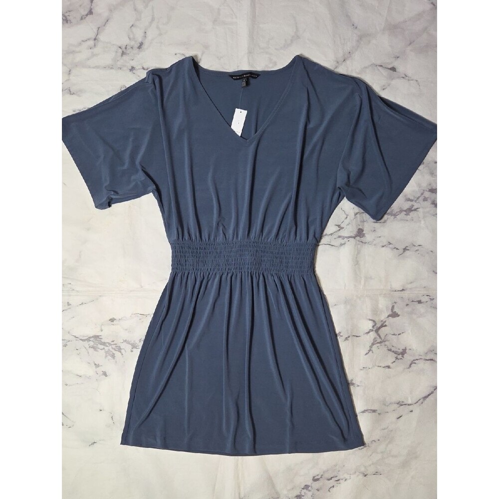 White House Black Market Indigo Kimono Smocked Waist V-Neck Dress